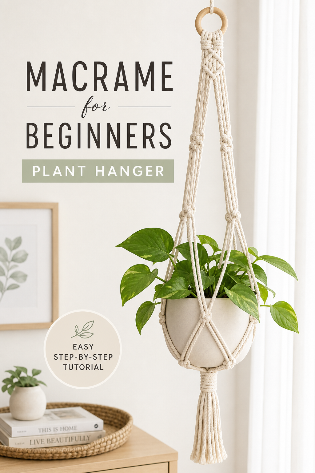 Macarame for Beginners plant hanger in a bright room with clean neutral styling