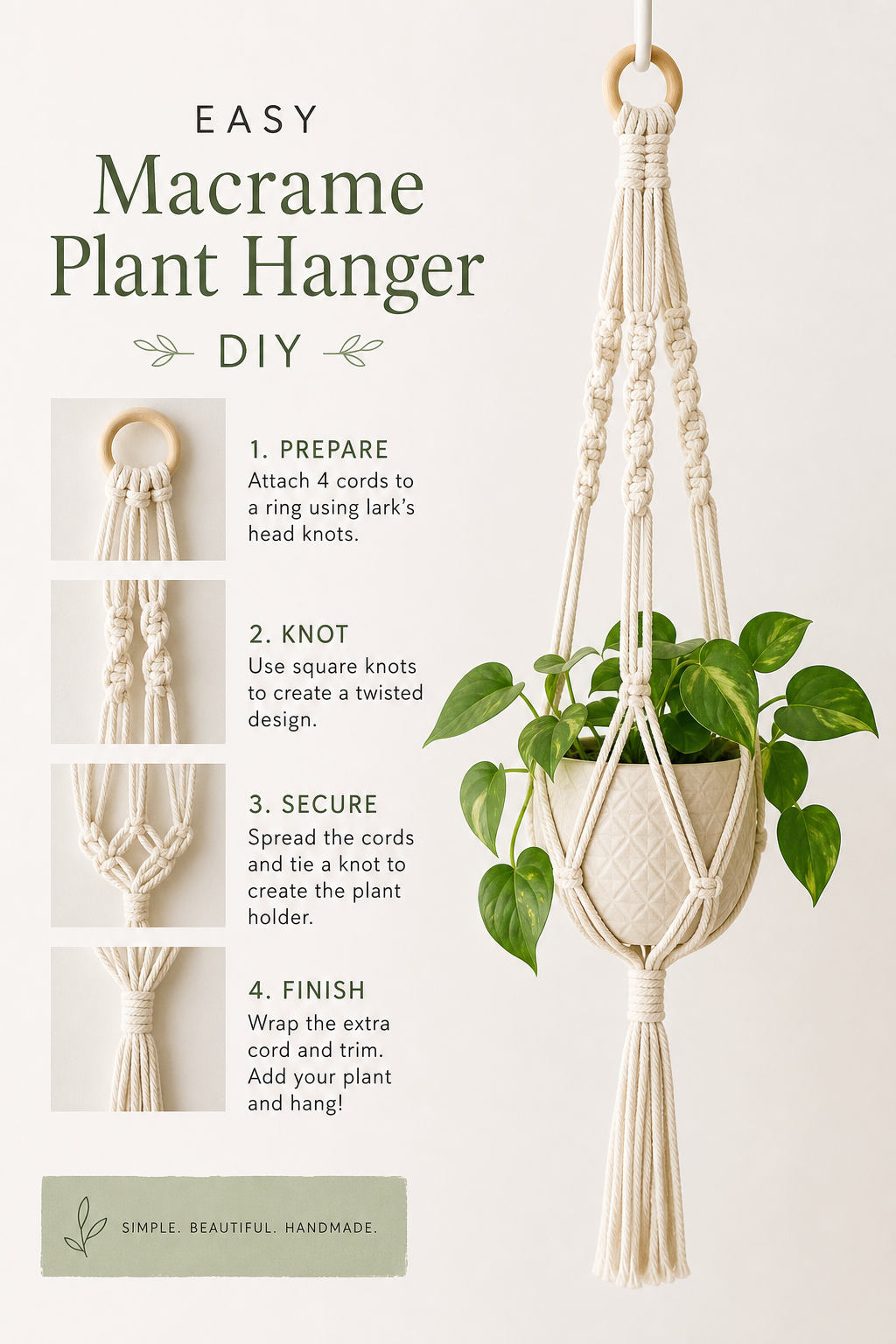 Easy macrame plant hanger DIY with cream cord and a small potted plant on a clean background
