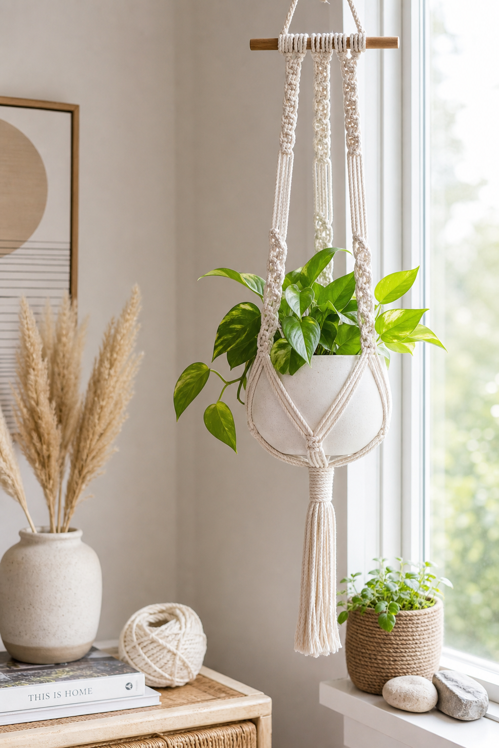 Macrame plant holder for beginners styled near a bright window with natural materials