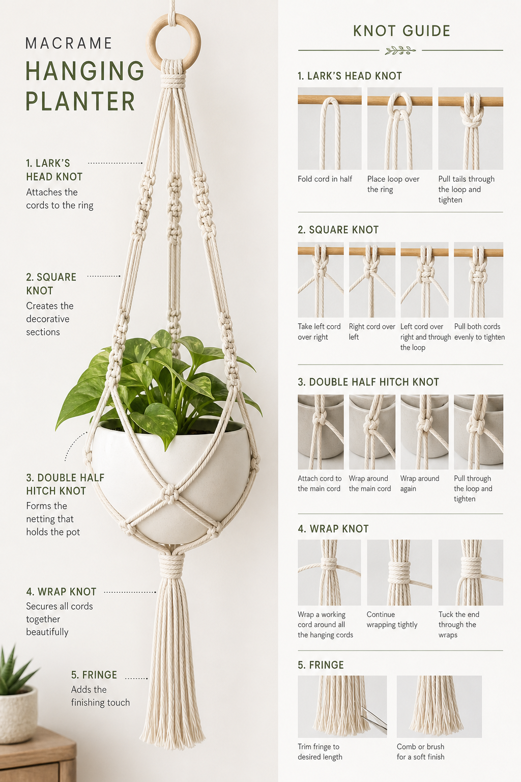 Detailed beginner macrame knots in a hanging planter with a clean minimal backdrop