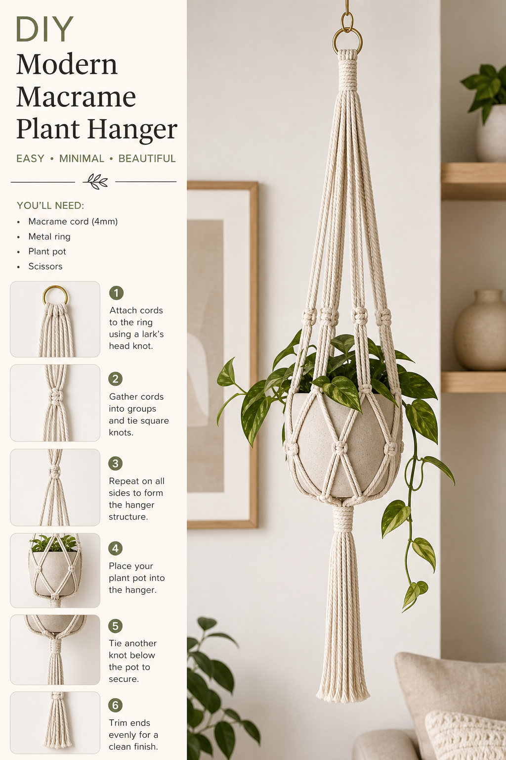 Modern easy macrame plant hanger DIY in a simple neutral interior