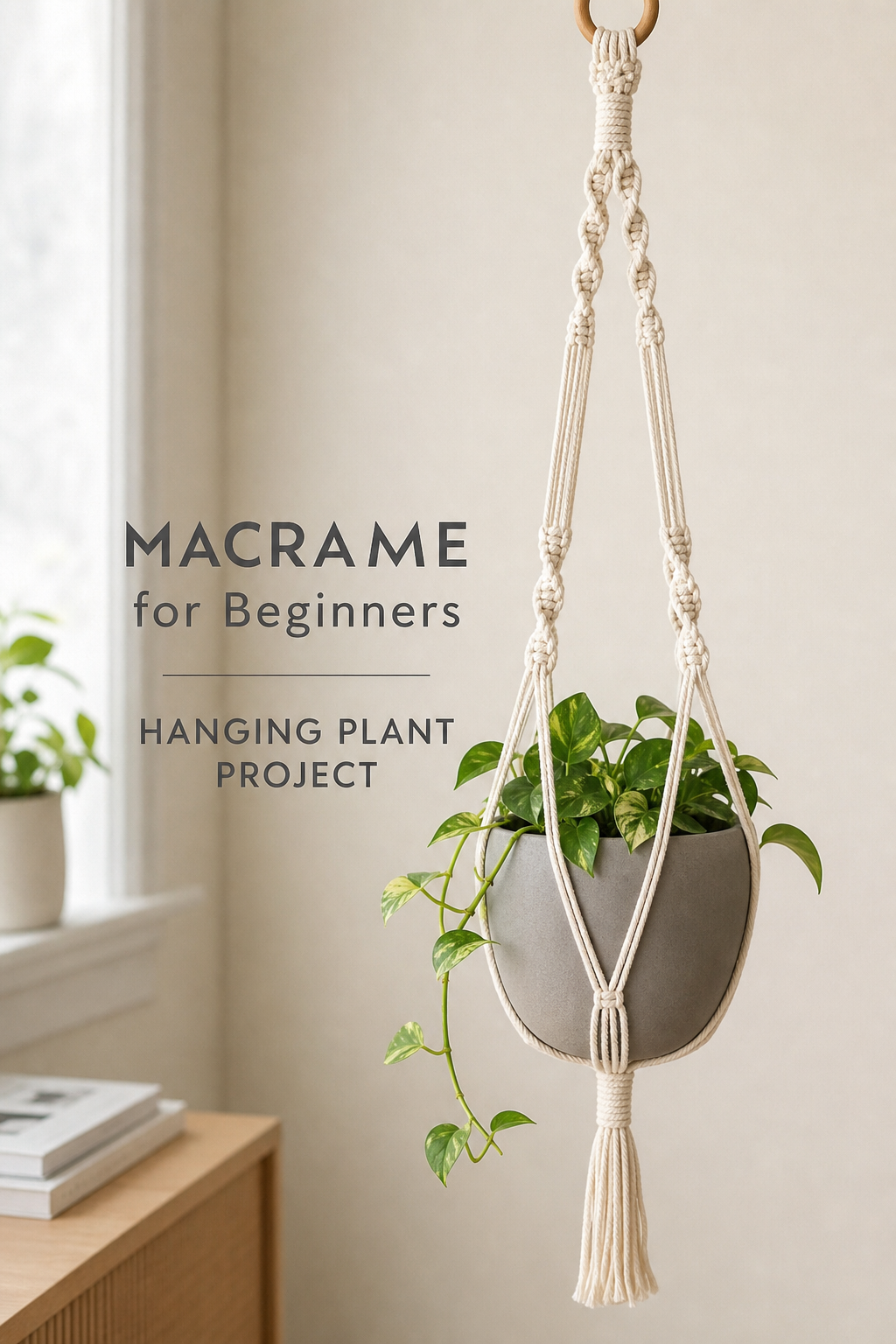 Macarame for Beginners hanging plant project with clean lines and realistic photography
