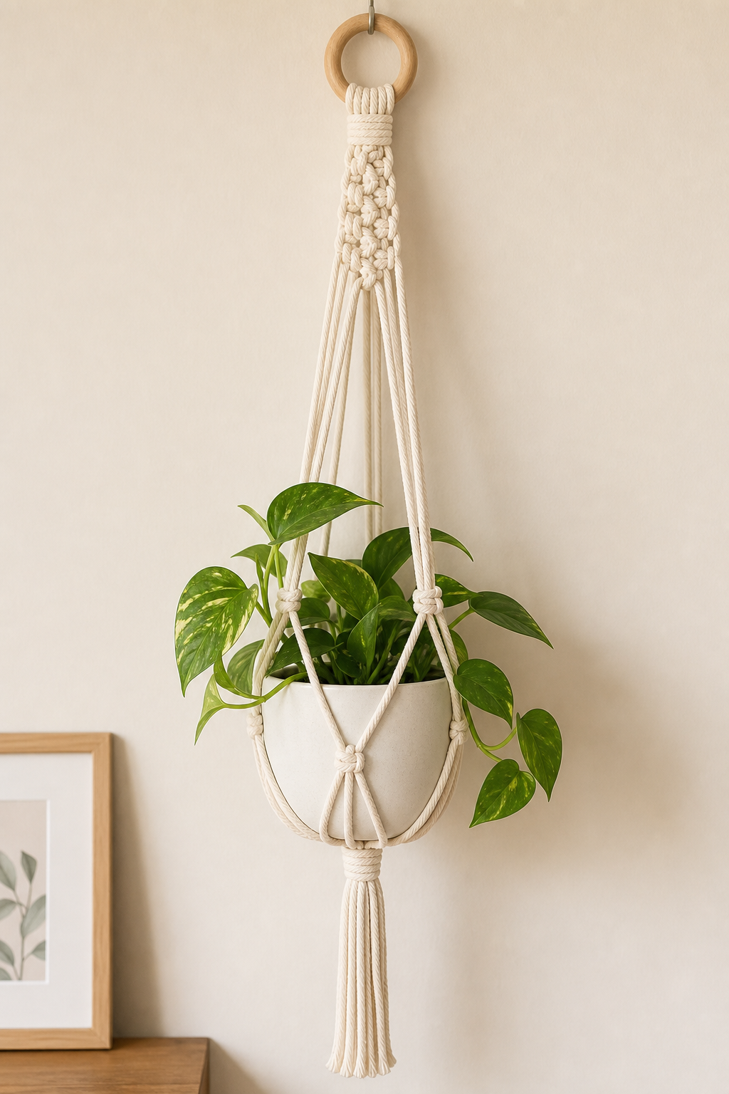 Minimal beginner-friendly macrame plant hanger photographed vertically for Pinterest inspiration